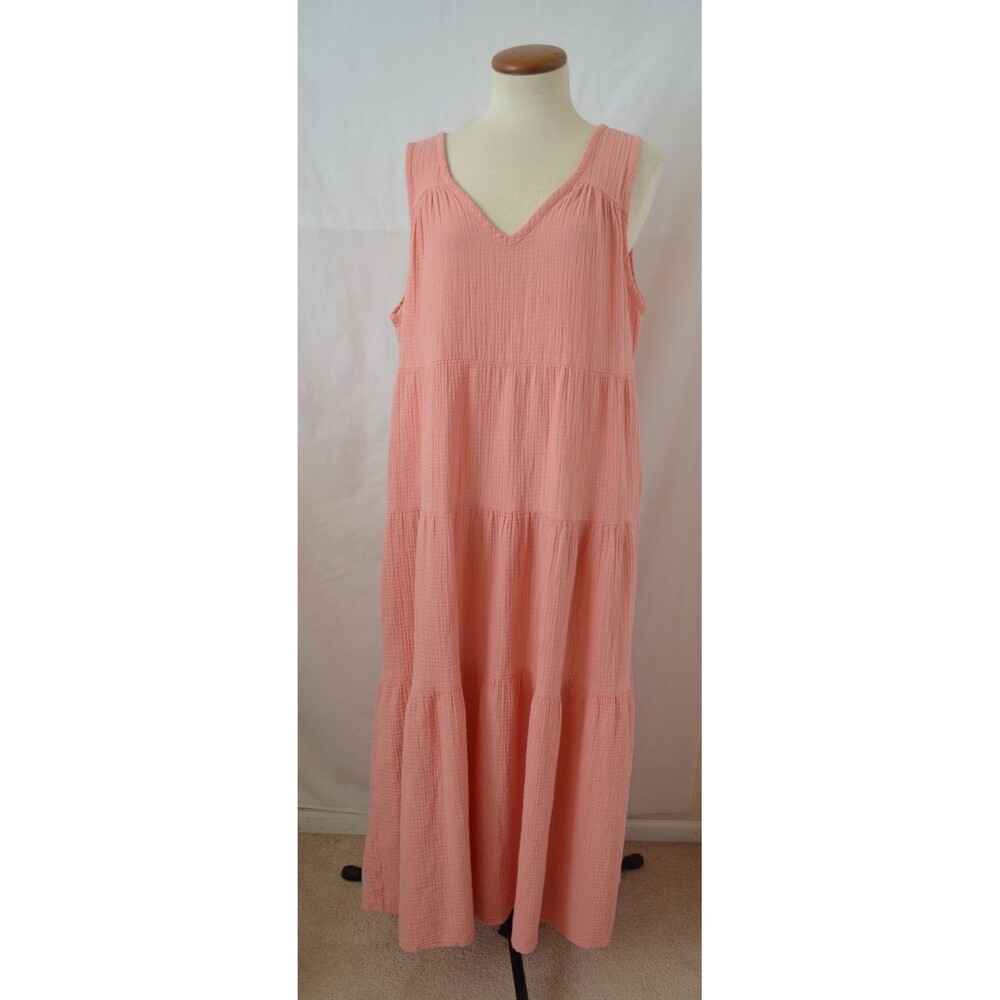 Quince Women's 100% Organic Cotton Gauze Tiered Maxi Dress Coral Blush Size L